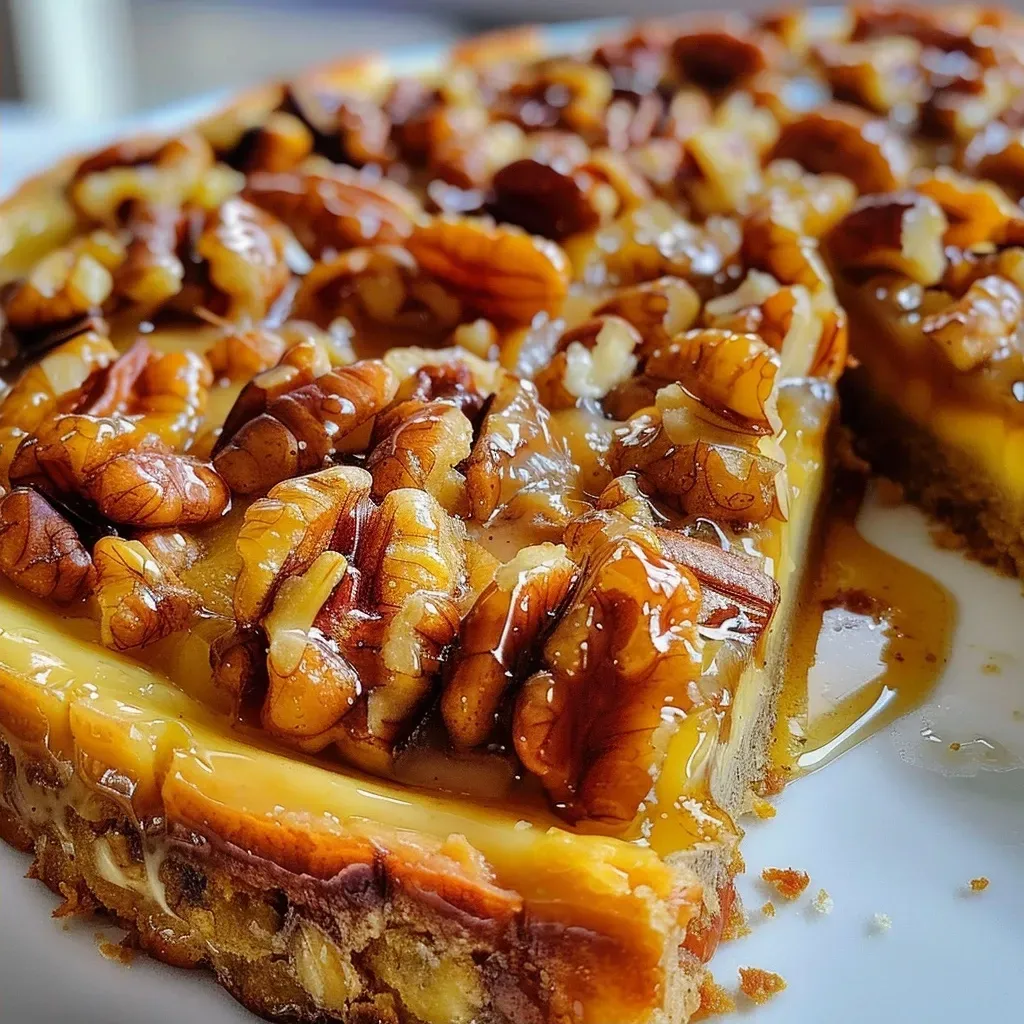 Tarta de nueces en primer plano, mostrando su textura y color dorado.