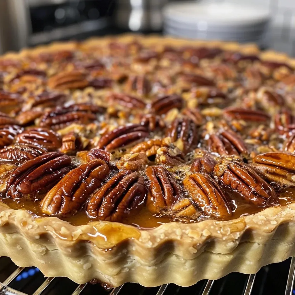 ['Tarta de nuez pecana vista lateral, con un color dorado y textura jugosa.', 'Primer plano de una deliciosa tarta de nuez pecana, con nueces en la parte superior.', 'Vista lateral de una tarta de nuez pecana recién horneada, mostrando su textura suave.', 'Tarta de nuez pecana mostrando su rica mezcla de ingredientes y nueces.']