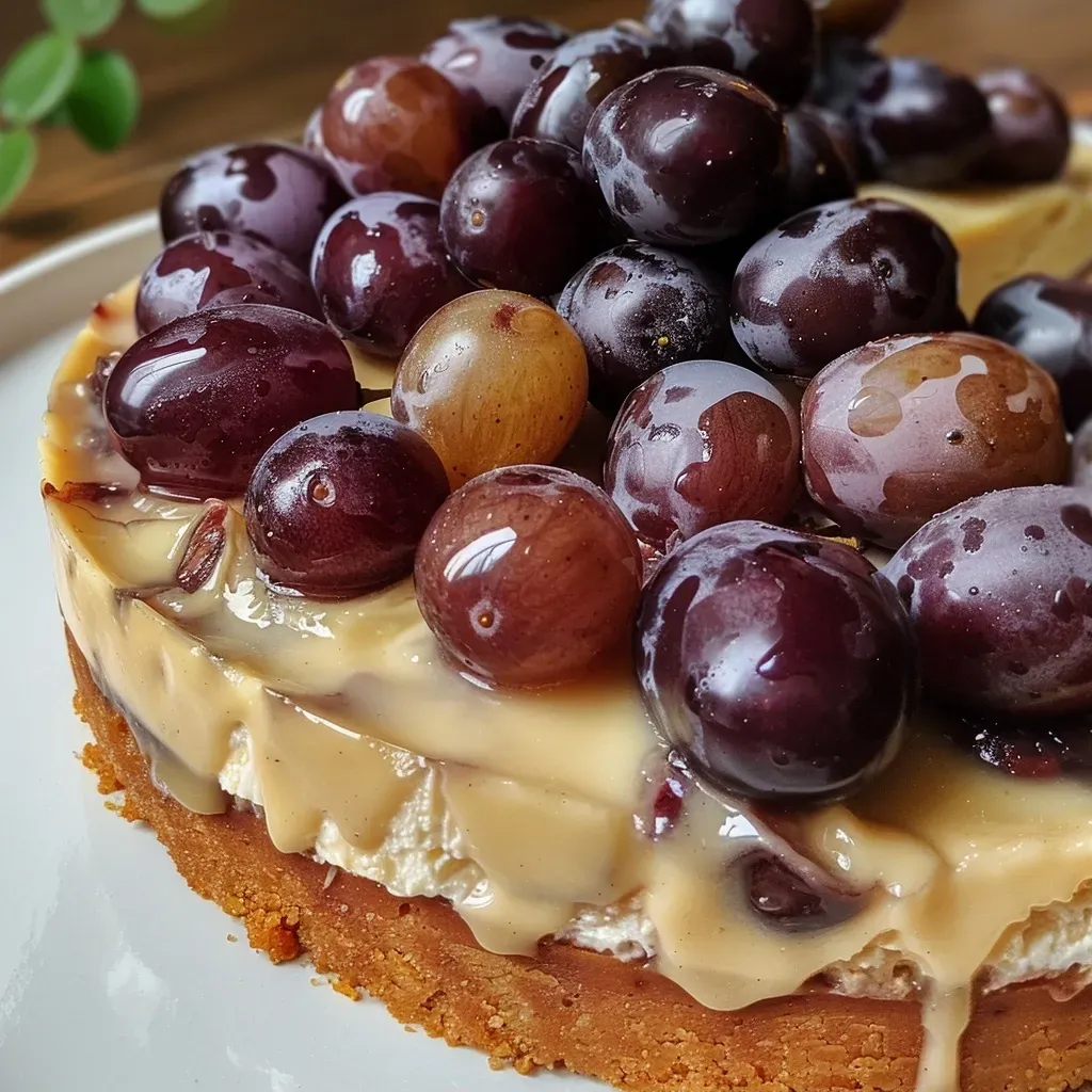['Tarta de queso decorada con uvas frescas.', 'Vista lateral de una tarta de queso con cobertura de uvas.', 'Tarta de queso con un acabado brillante de uvas sin semillas.', 'Deliciosa tarta de queso con uvas en primer plano.']