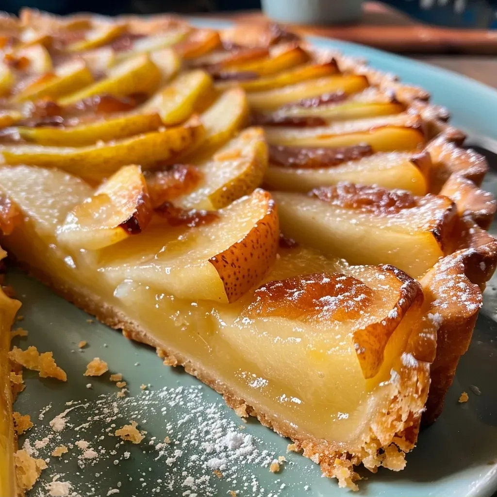 ['Tarta vegana de pera, vista lateral, con textura jugosa y dorada.', 'Primer plano de una tarta vegana de pera, mostrando su corte y relleno.', 'Tarta vegana de pera con base crujiente y decoración de frutas.', 'Porción de tarta vegana de pera presentada en un plato blanco.']