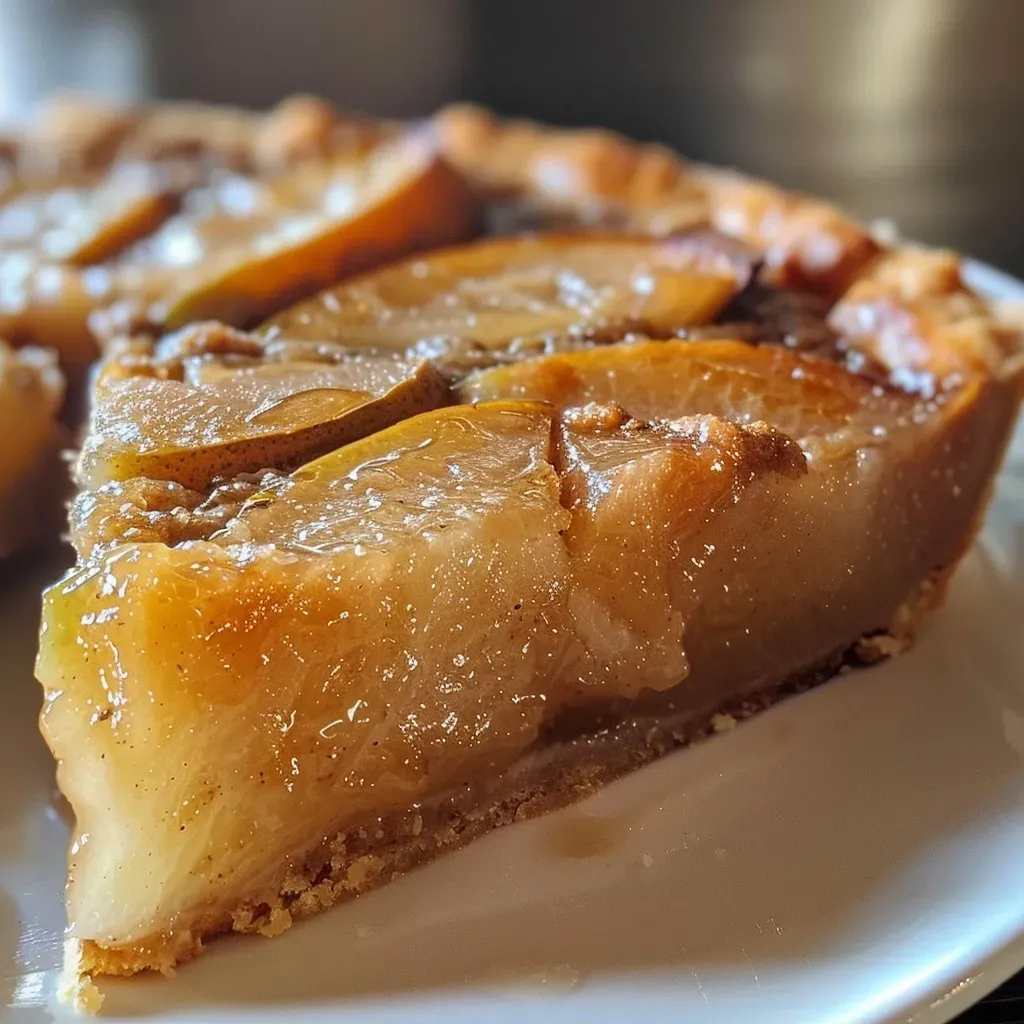 Tarta vegana de pera, vista lateral, con textura jugosa y dorada.