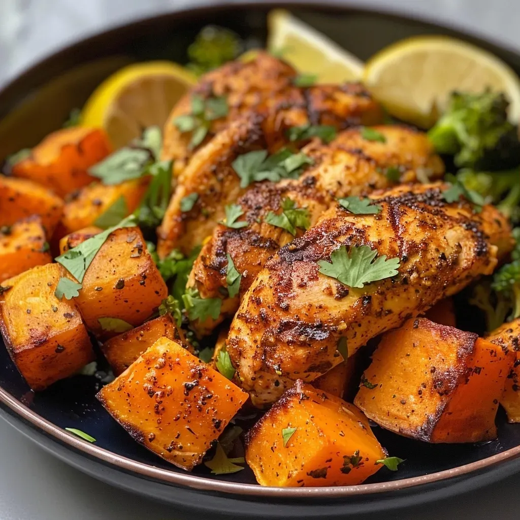 ['Tazones de pollo y batata con brócoli.', 'Plato de tazón con pollo, batatas y verduras.', 'Receta de tazones de pollo y batata en primer plano.', 'Comida saludable en tazones: pollo y batata.']