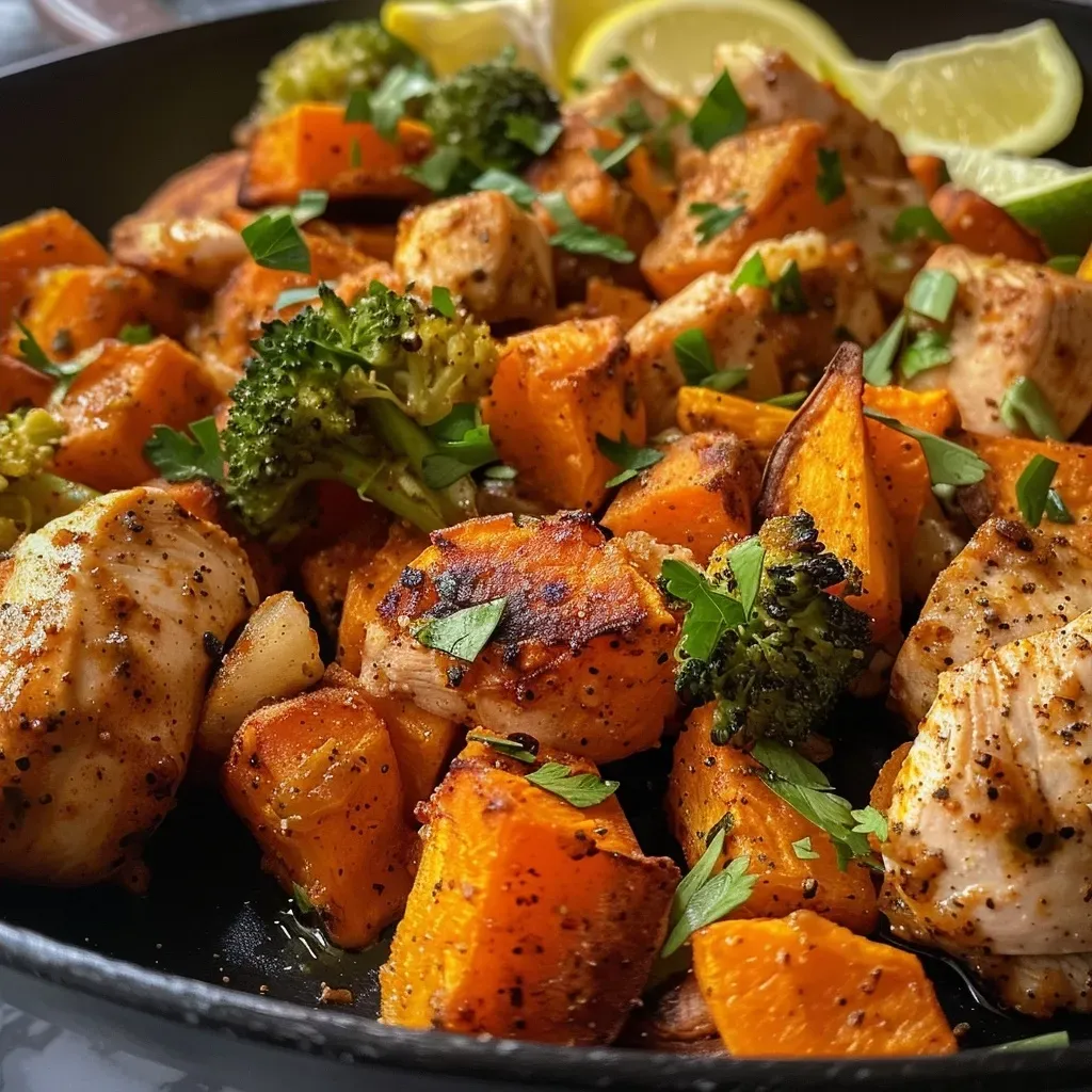 Tazones de pollo y batata con brócoli.