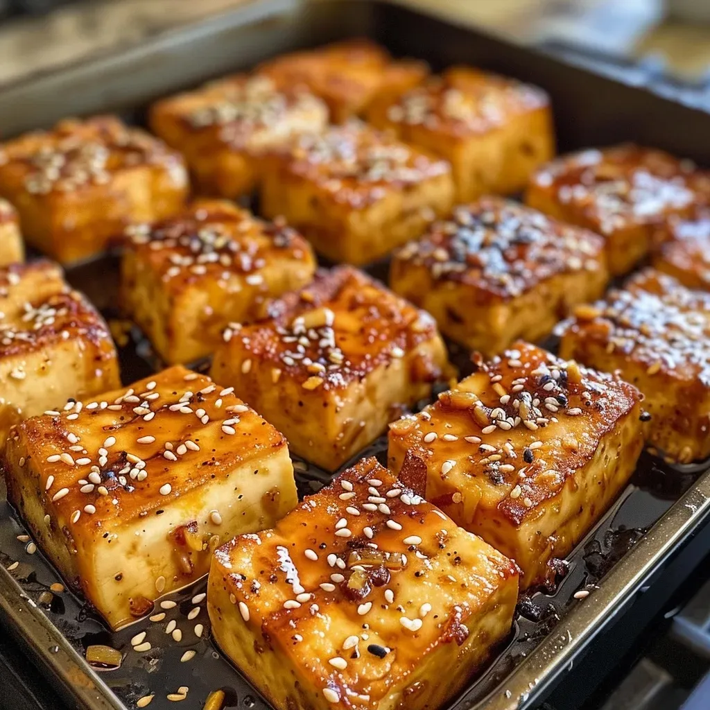 Tofu al horno cortado en cubos, dorado y jugoso.