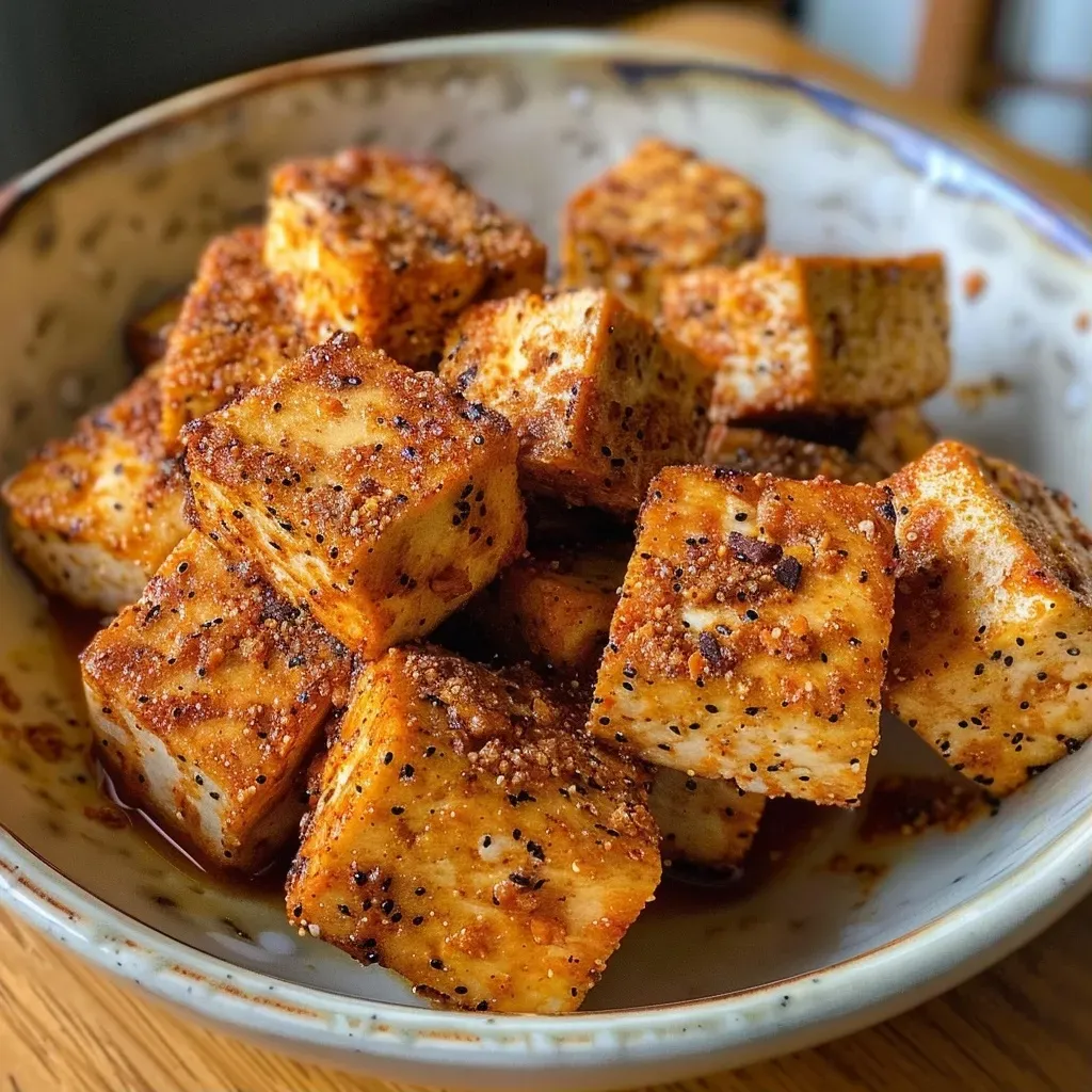['Tofu desmenuzado dorado en una sartén.', 'Primer plano de tofu crumbles cocido.', 'Tofu en trozos pequeños, listo para servir.', 'Tofu crumbles sazonados en un plato.']