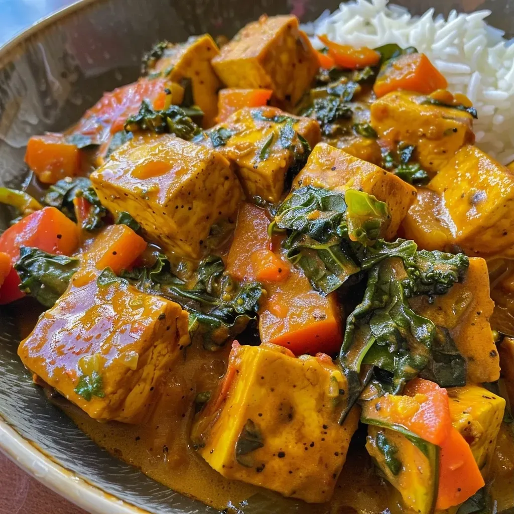 ['Tofu Curry en crockpot con vegetales coloridos.', 'Primer plano de Tofu Curry preparado en olla de cocción lenta.', 'Olla de cocción lenta con Tofu Curry y ingredientes frescos.', 'Tofu Curry con una mezcla de especias y vegetales.']