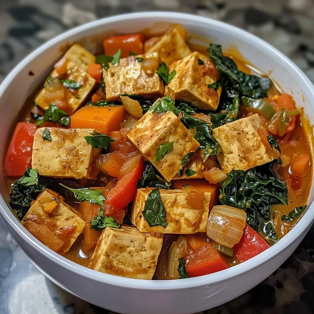 Tofu Curry en crockpot con vegetales coloridos.