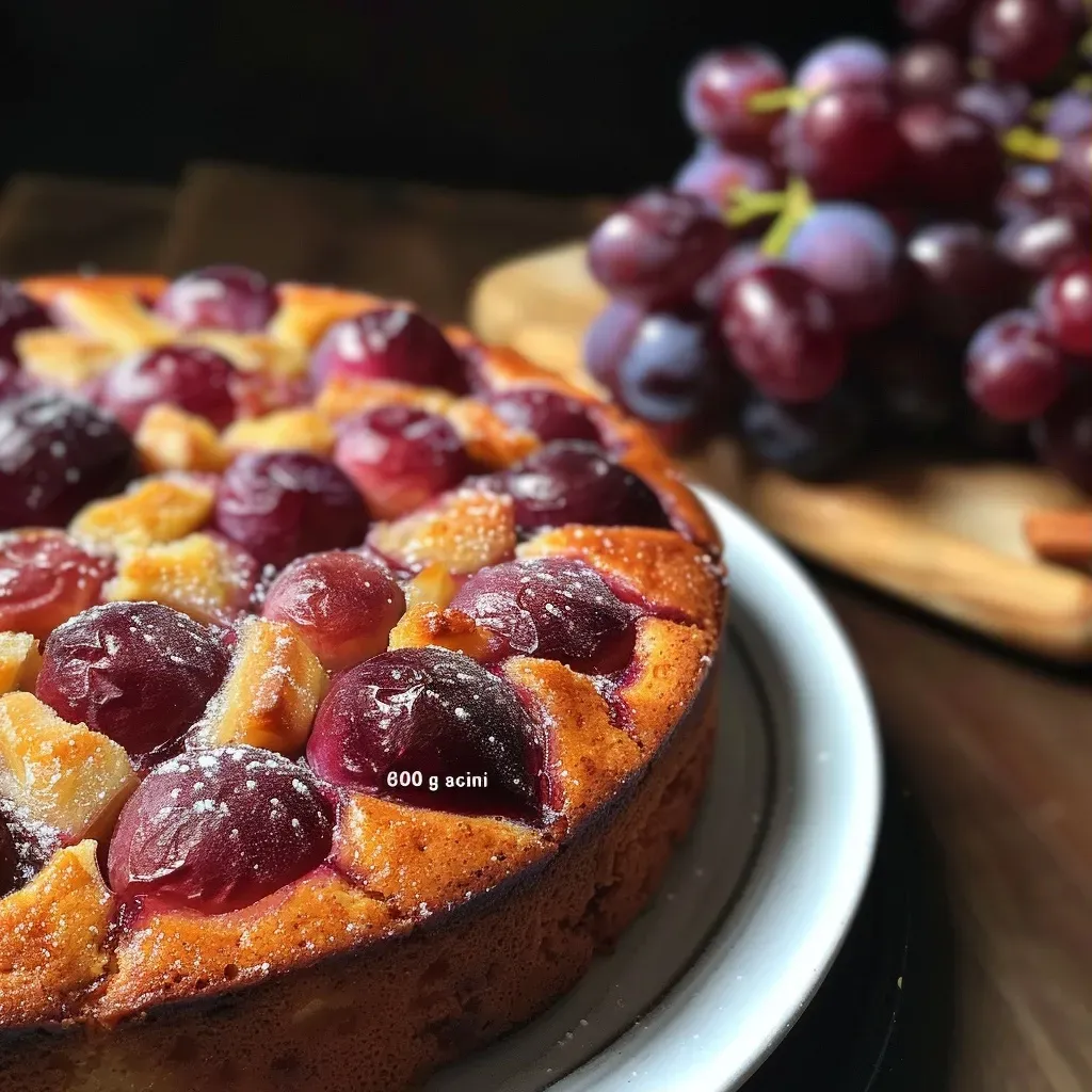 ["Torta Sbriciolata all'Uva con trozos de uva visible.", 'Vista lateral de una torta de uva con textura crujiente.', "Detalle de la Torta Sbriciolata all'Uva mostrando su relleno jugoso.", "Torta Sbriciolata all'Uva presentada en un plato, con uvas frescas."]