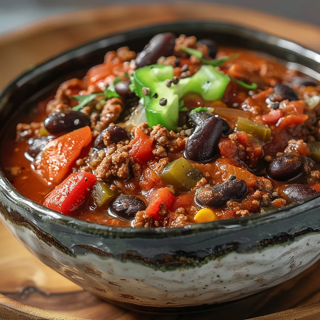 ['Tazón de chili de carne y frijoles con ingredientes frescos.', 'Close up de un chili alto en proteínas con carne magra y frijoles.', 'Plato de chili de carne, frijoles y condimentos en una mesa.', 'Chili de carne y frijoles con colorido y texturas atractivas.']