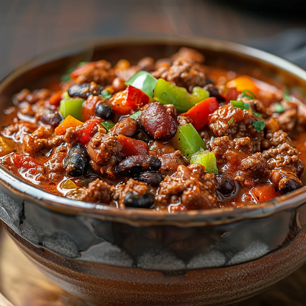 Tazón de chili de carne y frijoles con ingredientes frescos.