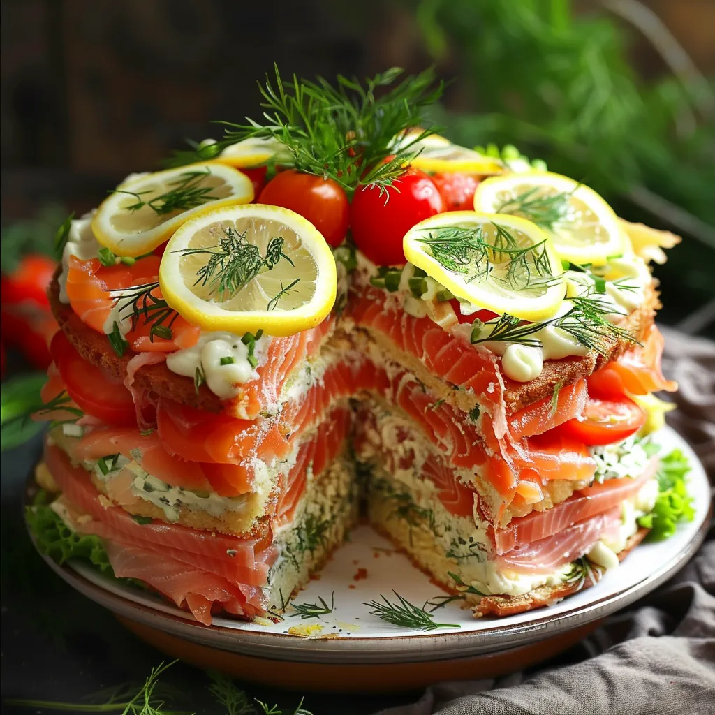 ['Pastel de salmón fácil, presentado en un plato con decoración de limón y eneldo.', 'Vista lateral del pastel de salmón para Navidad, con ingredientes frescos alrededor.', 'Detalle del pastel de salmón decorado, mostrando su textura y colorido.', 'Porción de pastel de salmón en un plato, con lechuga y tomate como acompañantes.']