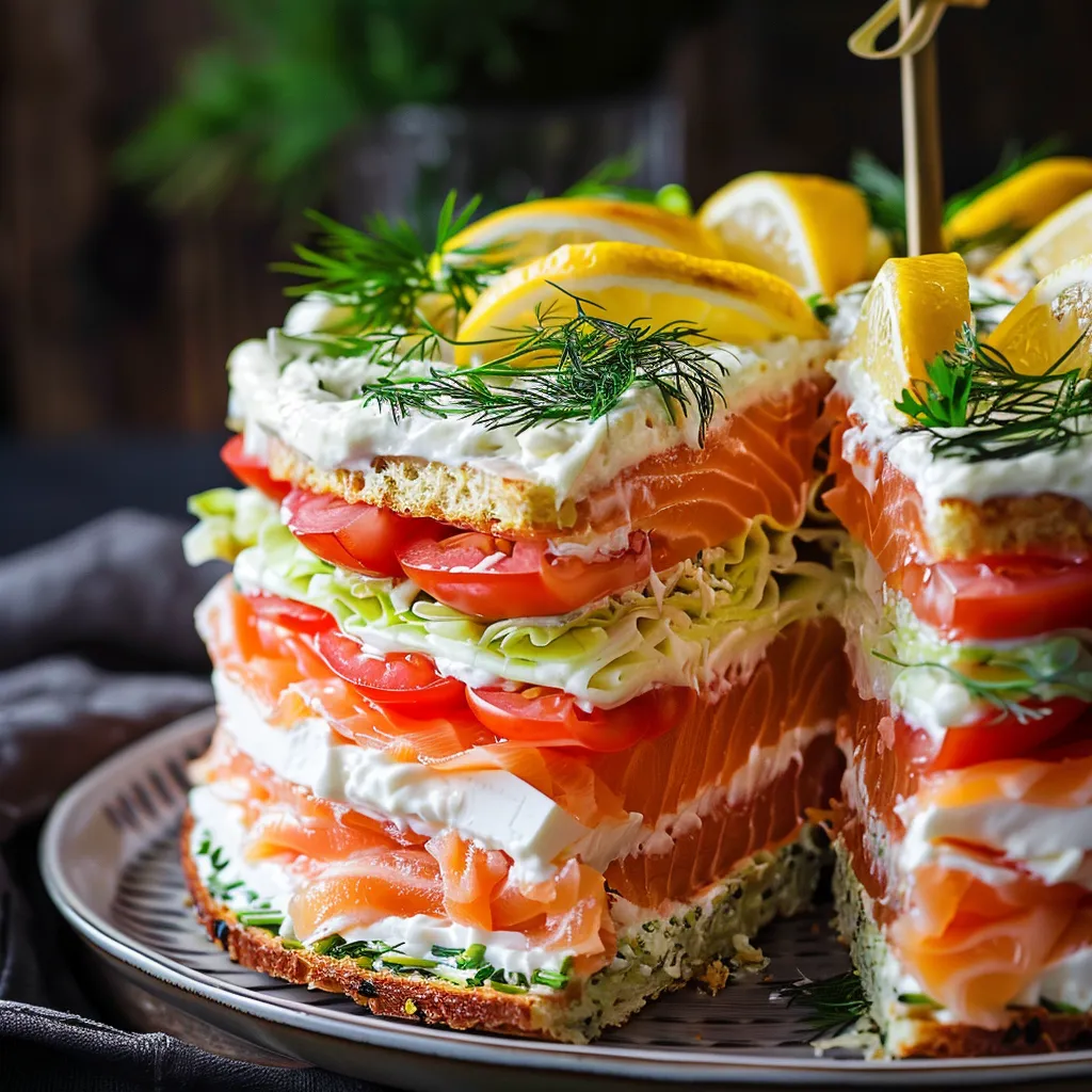 Pastel de salmón fácil, presentado en un plato con decoración de limón y eneldo.