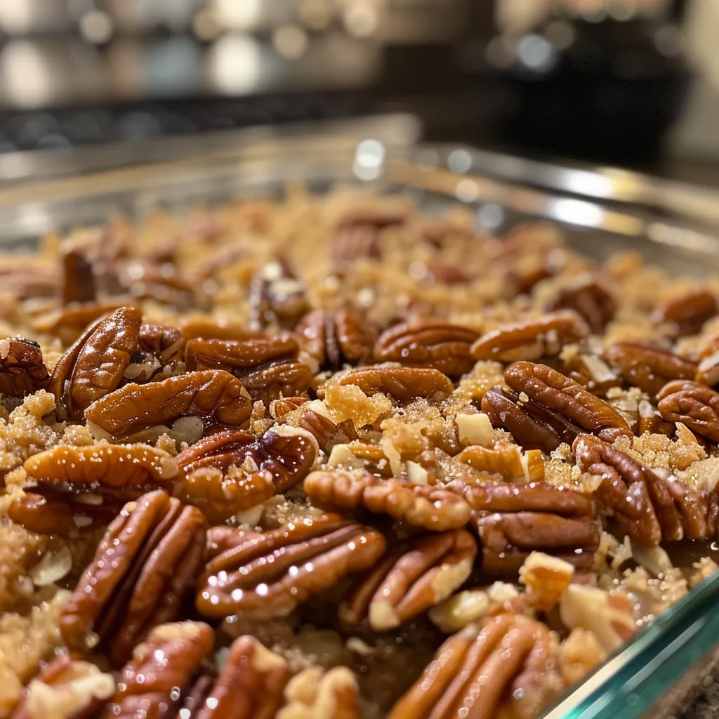 ['Primer plano de un crumble salado de nueces pecanas.', 'Vista lateral de un crumble crujiente de pecanas en un plato.', 'Detalle de un crumble de nueces pecanas salado, textura apetecible.', 'Cernido de nueces pecanas en un delicioso crumble salado.']