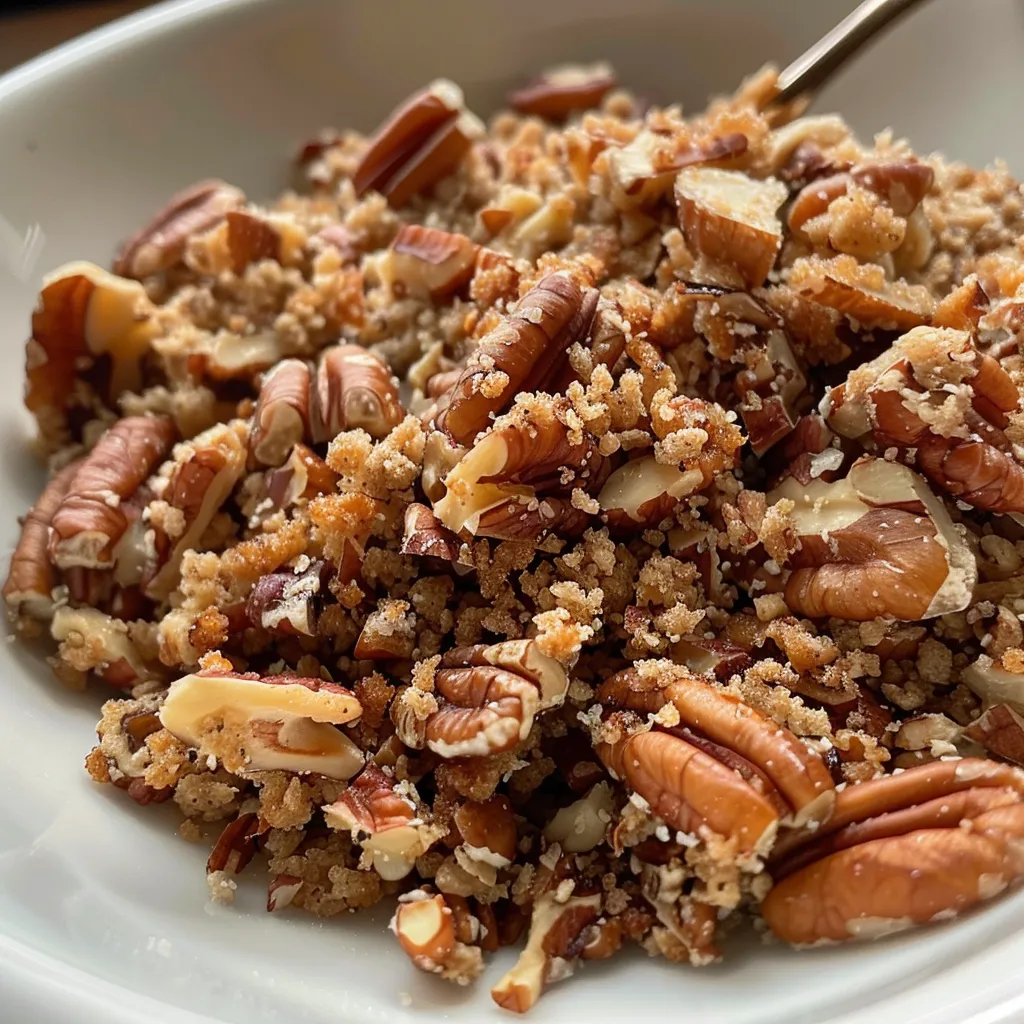 Primer plano de un crumble salado de nueces pecanas.