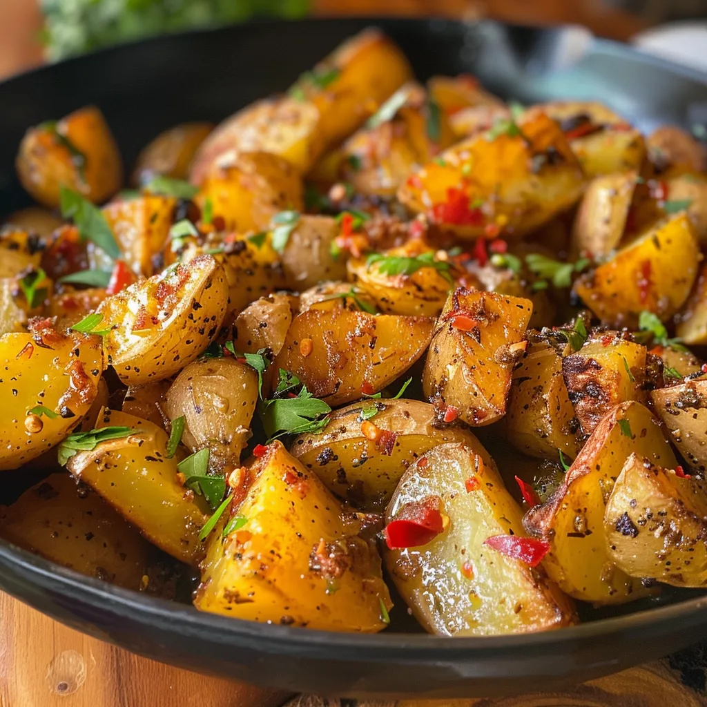 ['Papas crujientes y picantes servidas en un plato.', 'Close-up de papas ajustadas con especias y hierbas frescas.', 'Disposición de papas doradas con un toque de cilantro y perejil.', 'Detalle de papas crujientes al estilo picante con limón.']