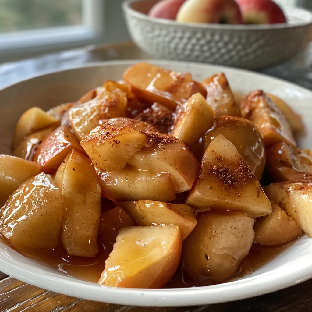 Manzanas jugosas cocinadas en freidora de aire, presentadas en un plato.