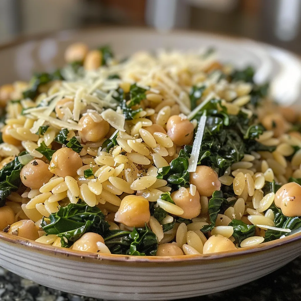 ['Placa de orzo con garbanzos y kale, vista lateral.', 'Primer plano de un plato de orzo con garbanzos y kale.', 'Orzo con garbanzos y kale en un plato, mostrando textura y color.', 'Tazón de orzo con garbanzos y kale, ingredientes frescos y coloridos.']