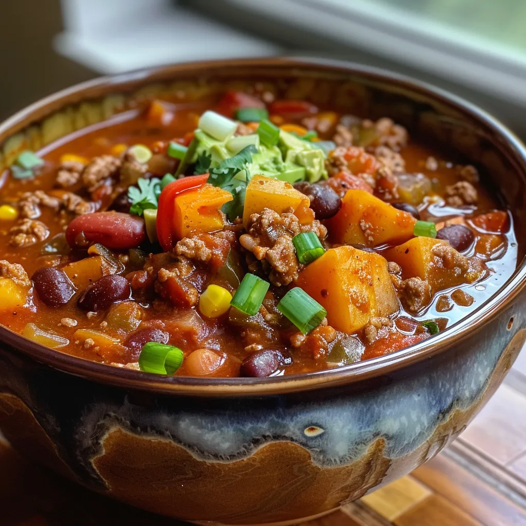['Tazón de chili saludable con carne y batata, visto desde un lado.', 'Primer plano de chili de carne y batatas en un plato.', 'Chili nutritivo con ingredientes frescos como carne y batata.', 'Delicioso chili de carne y batata servido en un tazón.']