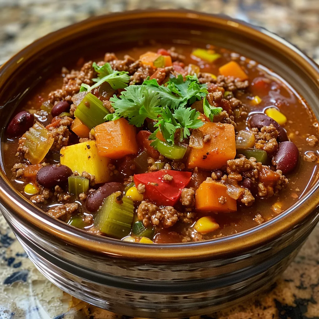 Tazón de chili saludable con carne y batata, visto desde un lado.