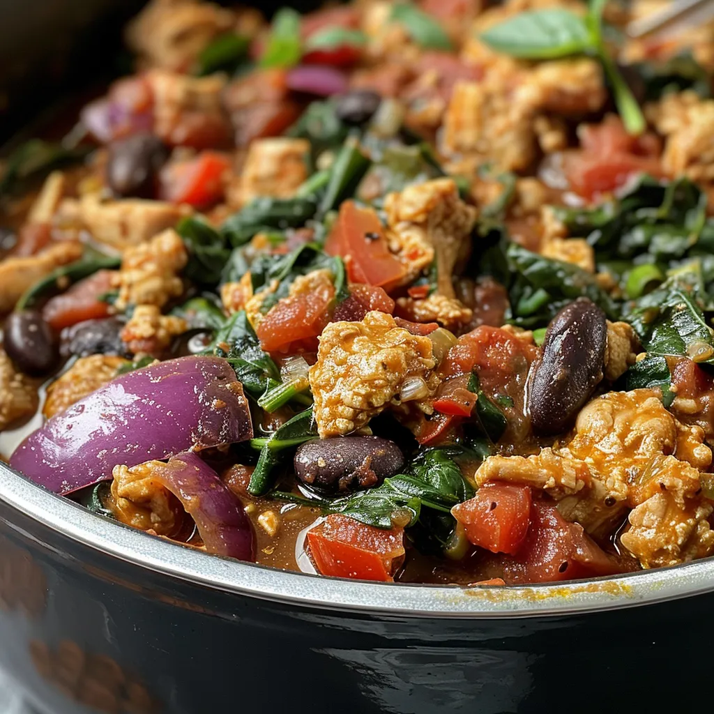 ['Chili de pollo con frijoles negros y espinacas en un plato.', 'Tazón de chili de pollo, frijoles negros y espinacas, visto de cerca.', 'Close up de un chili delicioso con pollo, frijoles y espinacas.', 'Porción de chili de pollo, frijoles negros y espinacas, presentado en un plato.']
