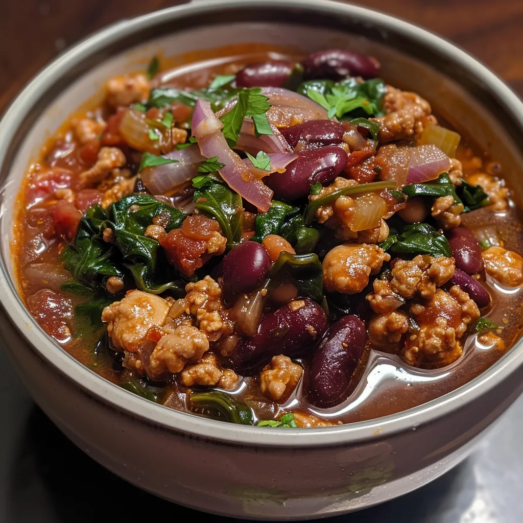 Chili de pollo con frijoles negros y espinacas en un plato.