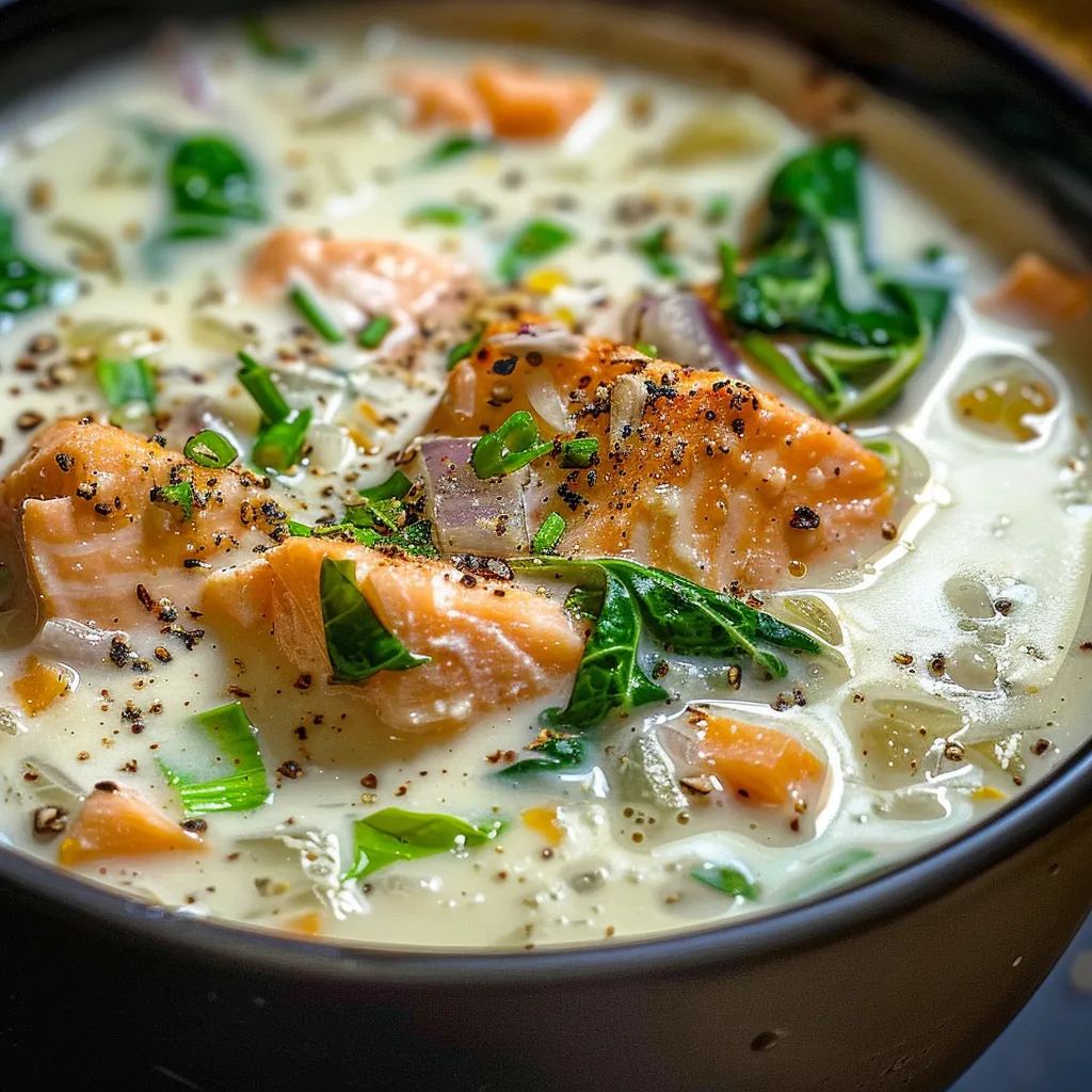 ['Sopa cremosa de salmón y espinacas en un tazón.', 'Primer plano de una deliciosa sopa de salmón con espinacas.', 'Tazón de sopa de salmón y espinacas, mostrando su cremosidad.', 'Sopa de salmón y espinacas con ingredientes frescos.']