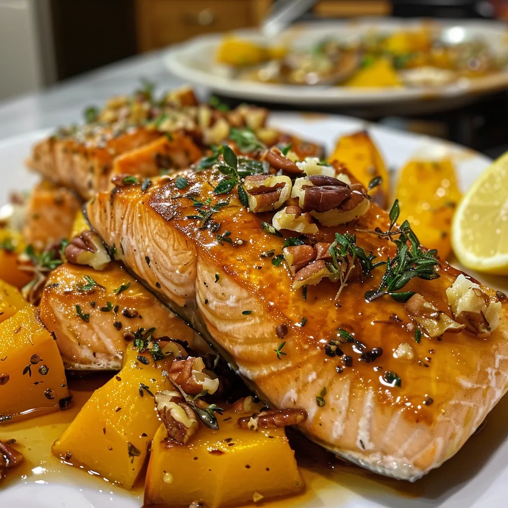 Filetes de salmón glaseados con jarabe de arce acompañados de calabaza y nueces.