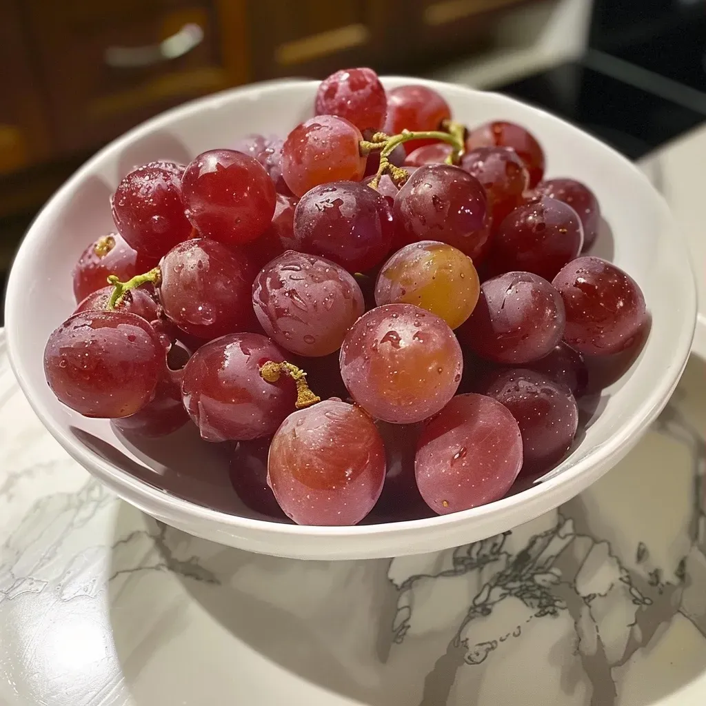 ['Uvas deshidratadas en un plato, con un fondo desenfocado.', 'Primer plano de uvas deshidratadas, mostrando su textura jugosa.', 'Vista lateral de uvas deshidratadas en una freidora de aire.', 'Tazón con uvas deshidratadas resaltando su color vibrante.']