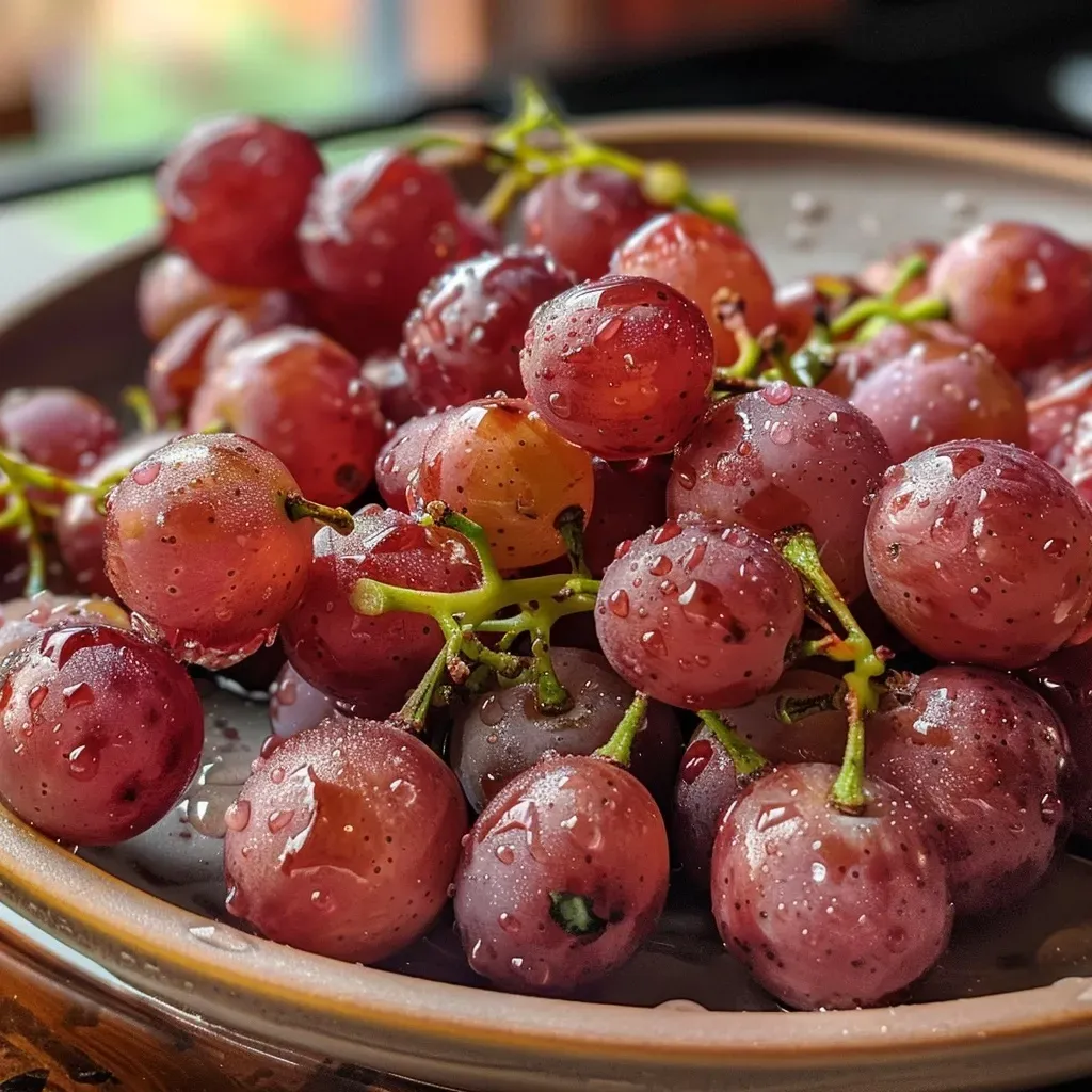 ['Uvas doradas crujientes en una air fryer.', 'Primer plano de uvas cocinadas en air fryer.', 'Uvas recién preparadas en una freidora sin aceite.', 'Uvas asadas, listas para disfrutar.']