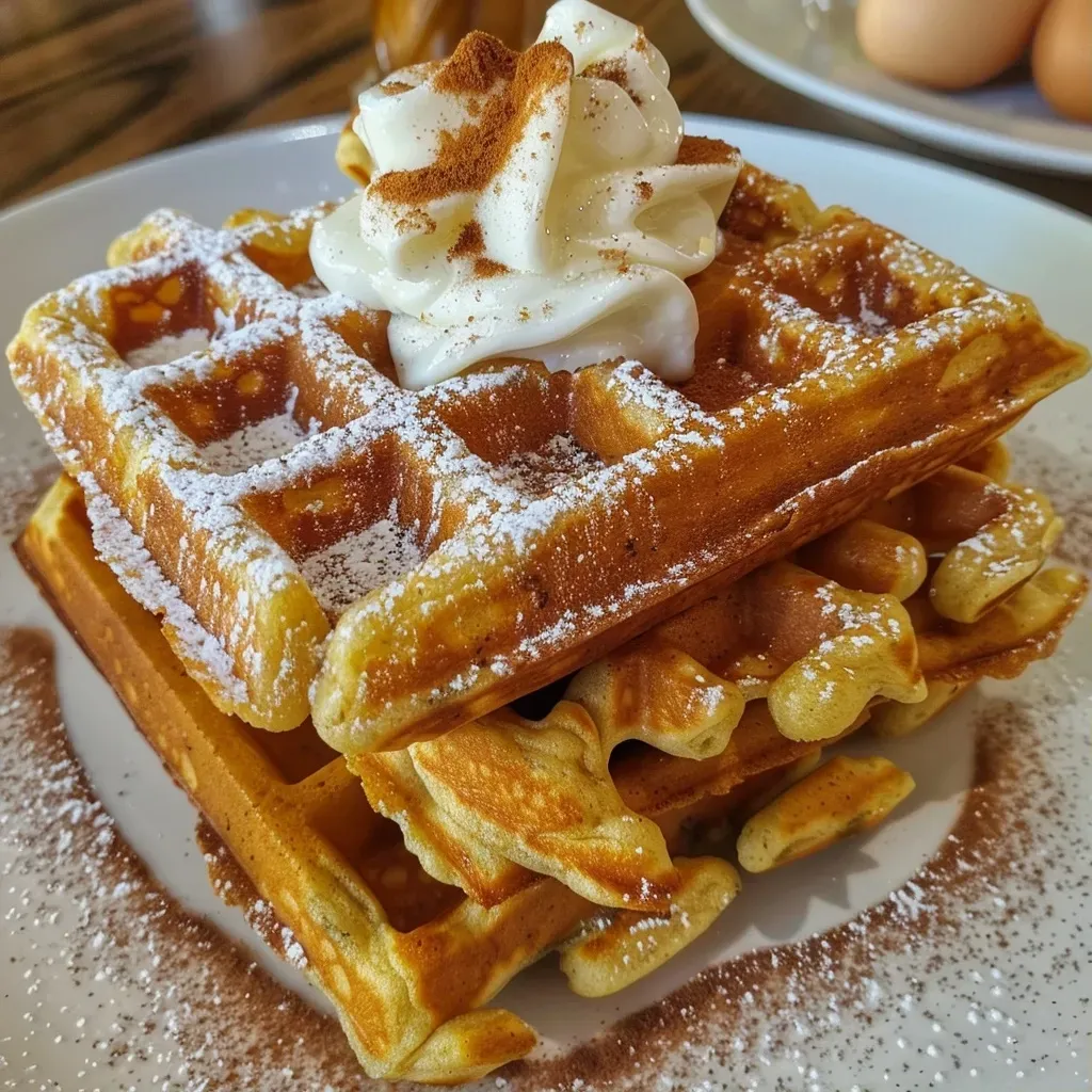 ['Waffles de calabaza especiados recién cocinados con textura crujiente.', 'Detalle de waffles de calabaza con un color dorado y apetitoso.', 'Primer plano de waffles de calabaza especiados, listos para servir.', 'Waffles de calabaza especiados presentados en un plato.']