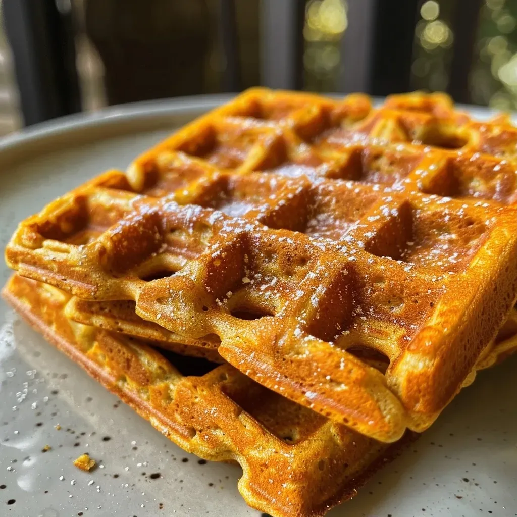 ['Waffles de lentejas dorados en un plato.', 'Vista lateral de waffles de lentejas listos para servir.', 'Primer plano de waffles crujientes de lentejas.', 'Waffles de lentejas sobre una superficie clara.']