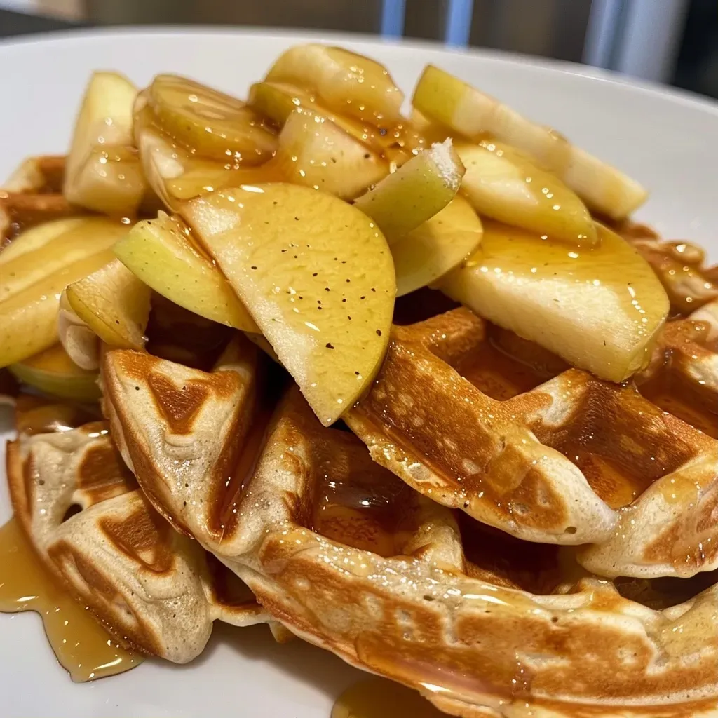 ['Waffles de manzana y avena en una mesa blanca.', 'Primer plano de waffles de manzana y avena con miel de dátil.', 'Waffles de manzana y avena listos para servir.', 'Waffles esponjosos de manzana y avena en un plato.']