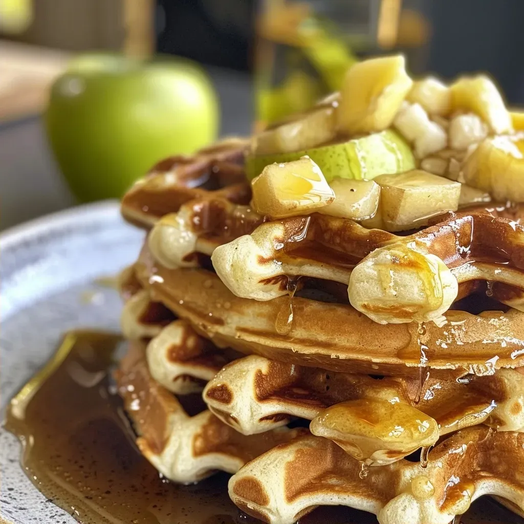 Waffles de manzana y avena en una mesa blanca.