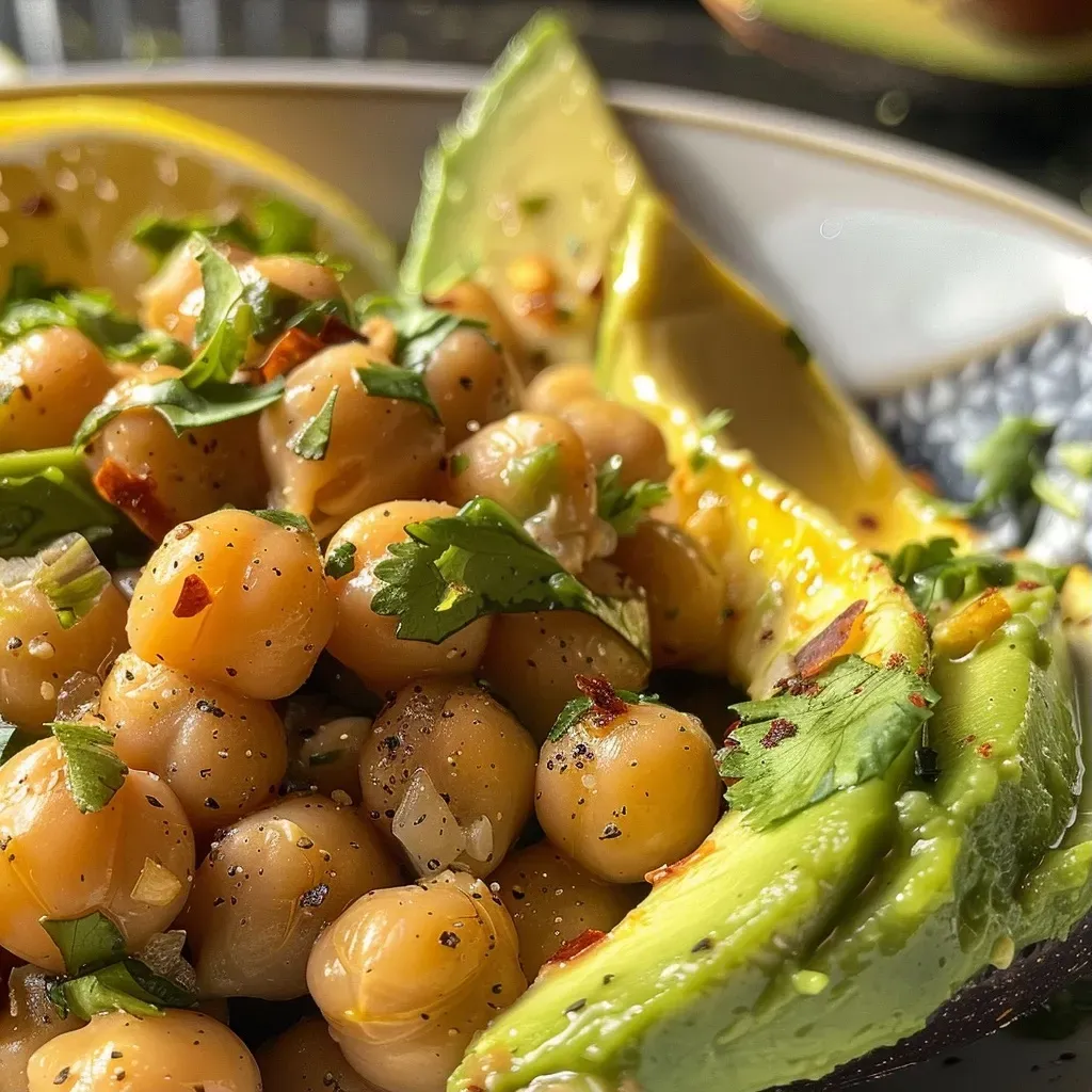 Aguacates rellenos con garbanzos picantes en un plato.