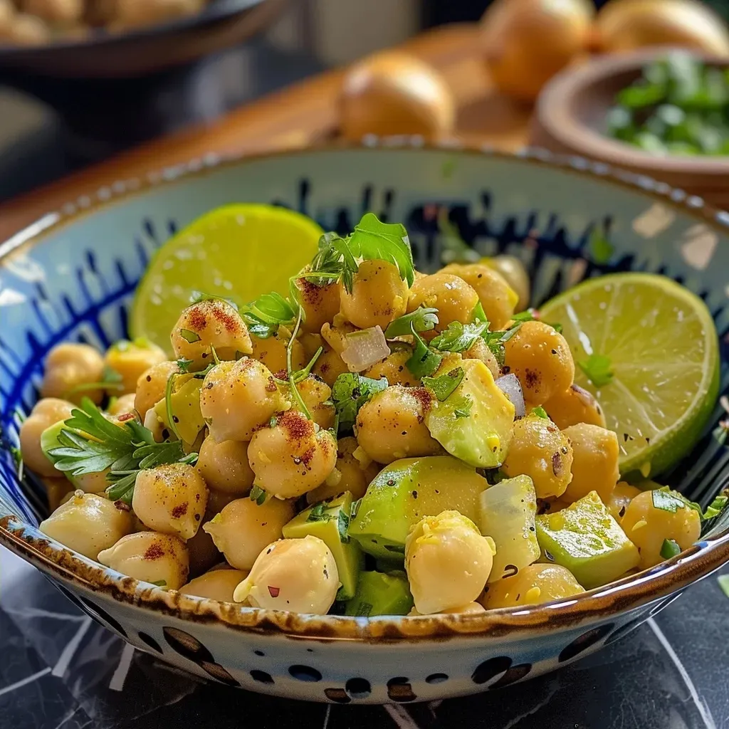 Primer plano de aguacates acompañados de garbanzos sazonados.