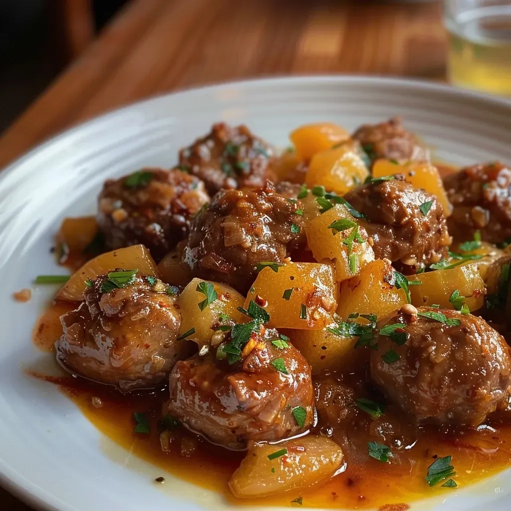 Albóndigas de cerdo y manzana en una presentación apetitosa.
