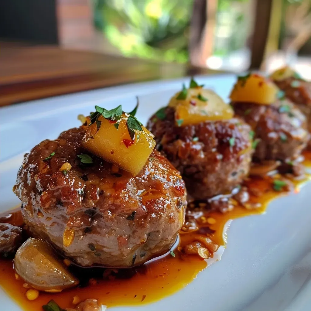 Primer plano de albóndigas jugosas con trozos de manzana.