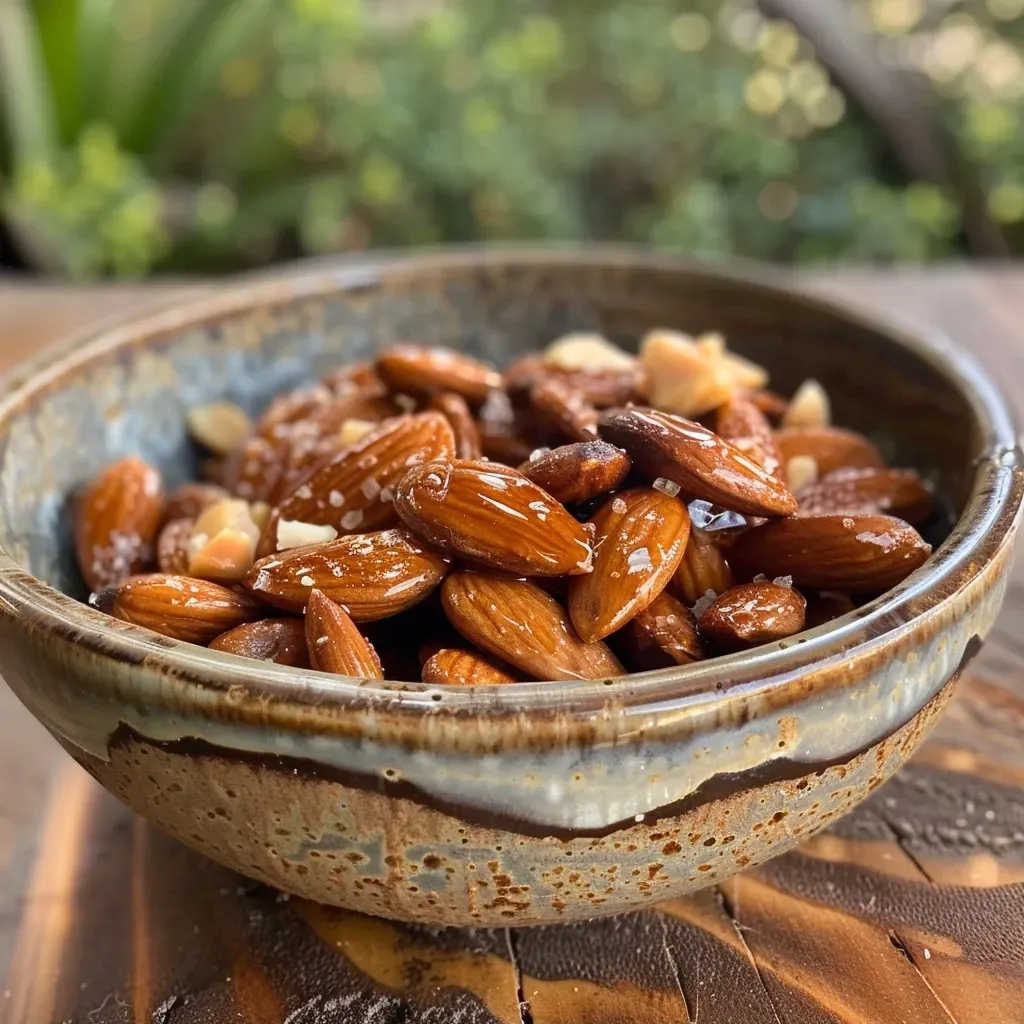 Primer plano de almendras caramelizadas con miel y canela.