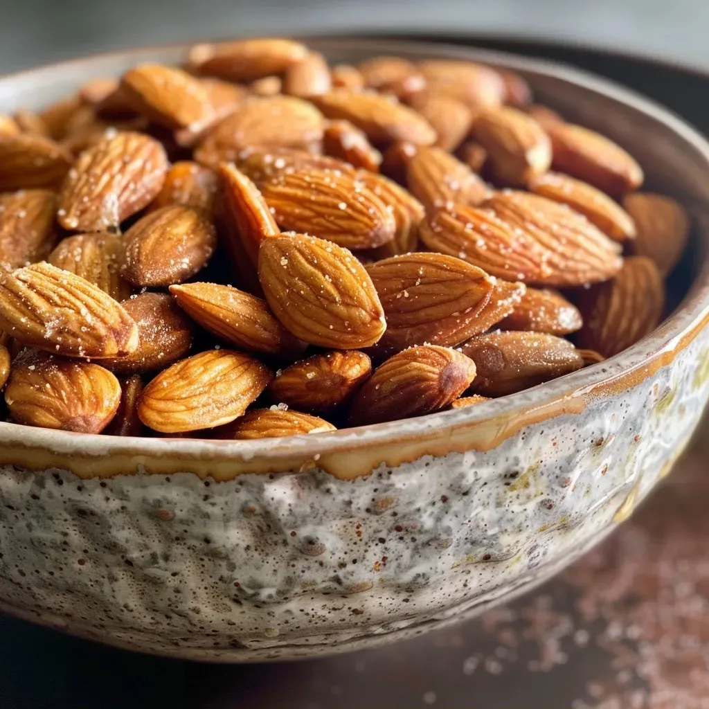Primer plano de almendras especiadas con un toque de calabaza y miel.