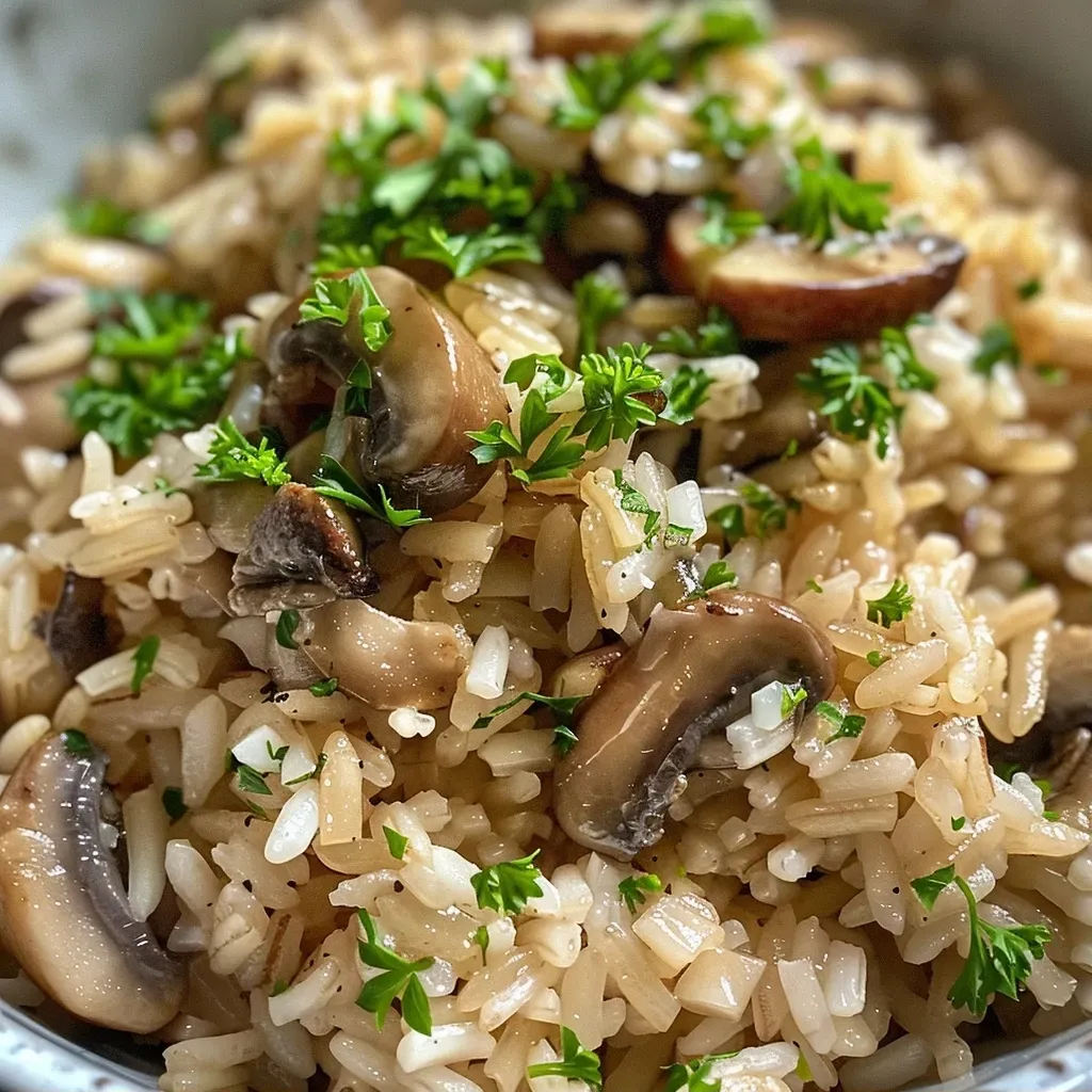Arroz con champiñones jugoso en un plato.