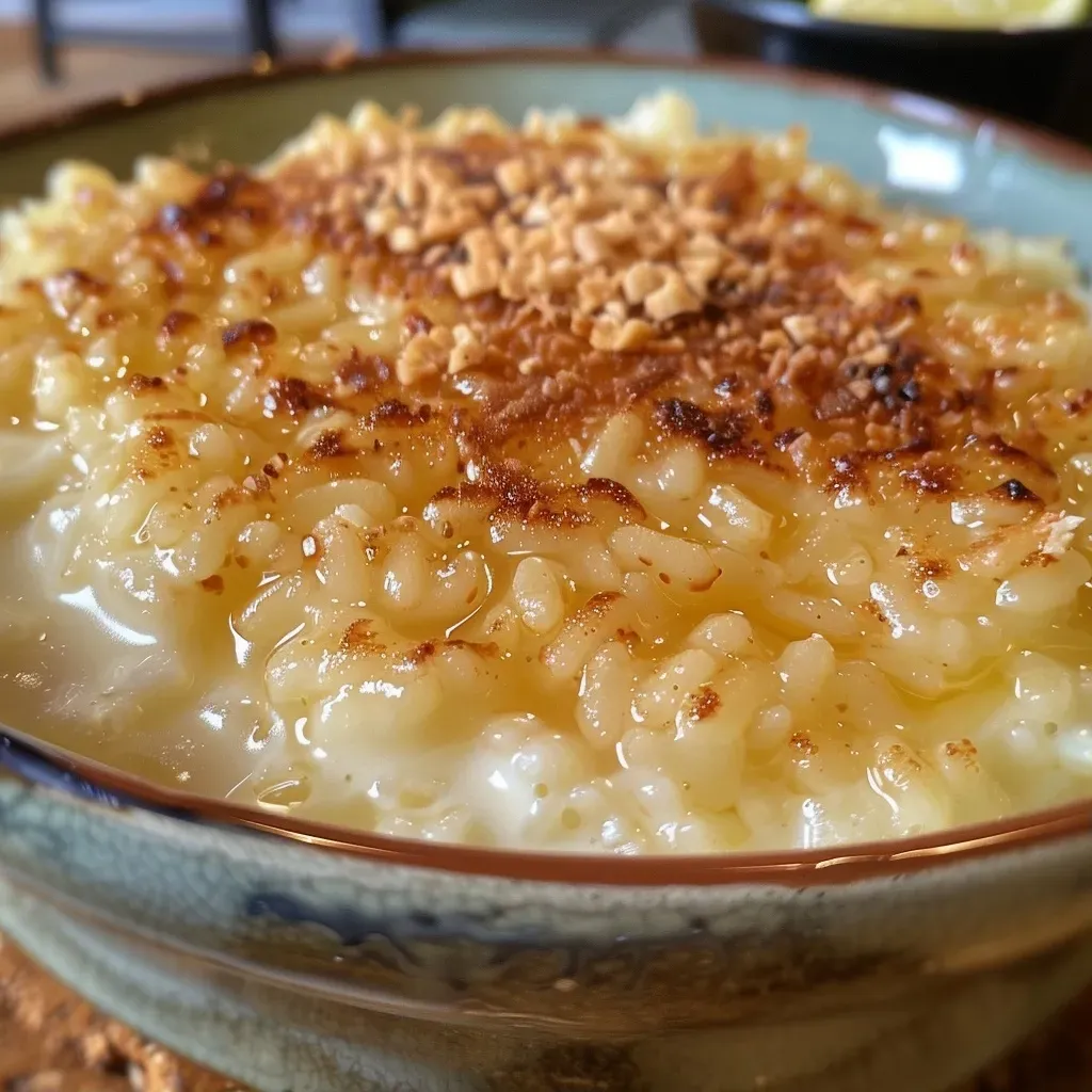 Tazón de Arroz Doce Cremoso con canela en polvo.