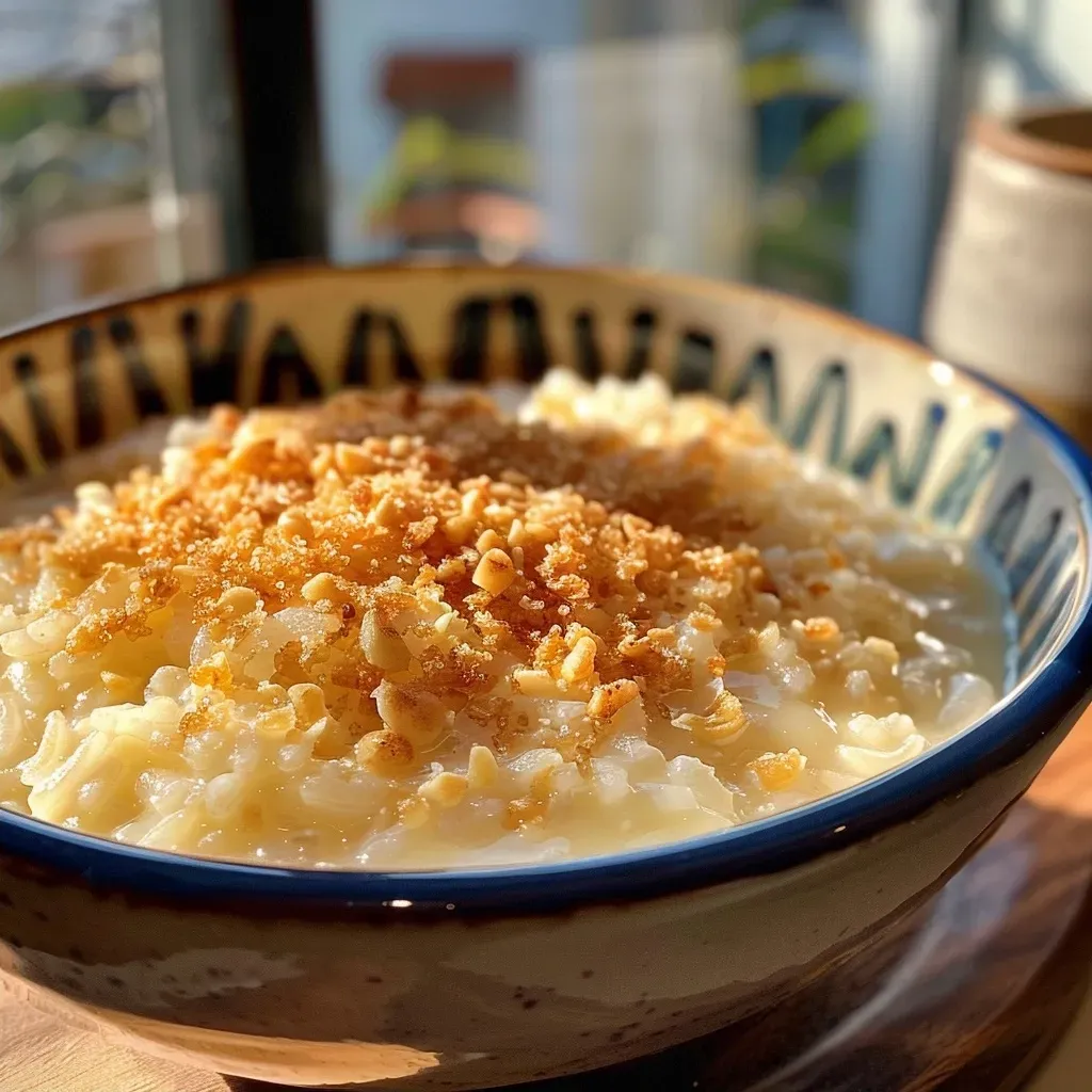 Arroz Doce Cremoso servido en un plato, con decoración de canela.