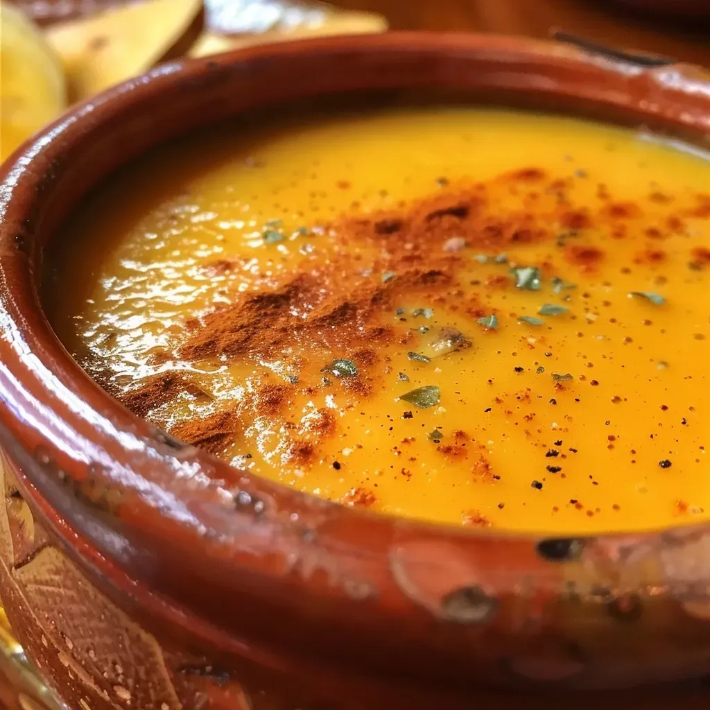 Primer plano de un tazón de atole de calabaza humeante.