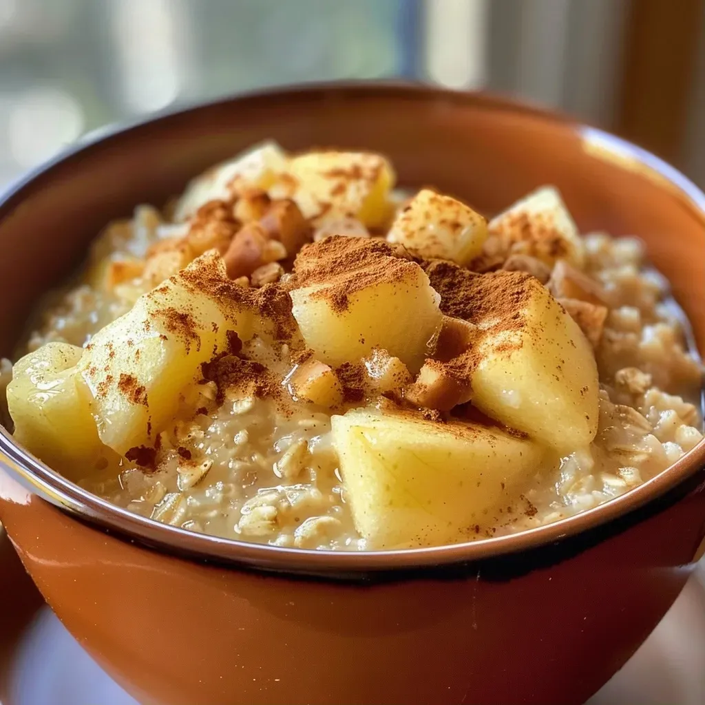 Tazón de avena cocida con manzana y canela.