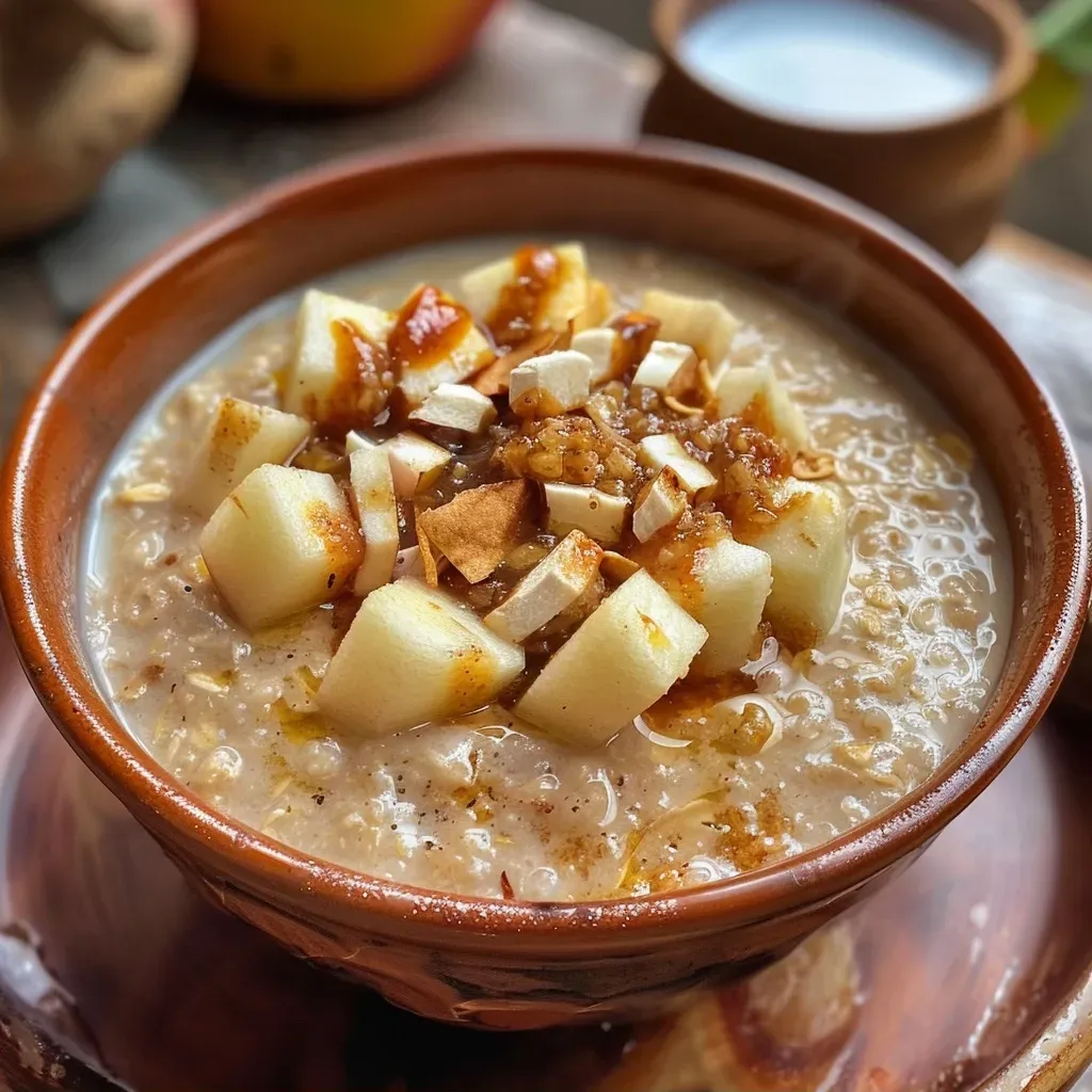 Avena cocida con trozos de manzana y canela en un tazón.