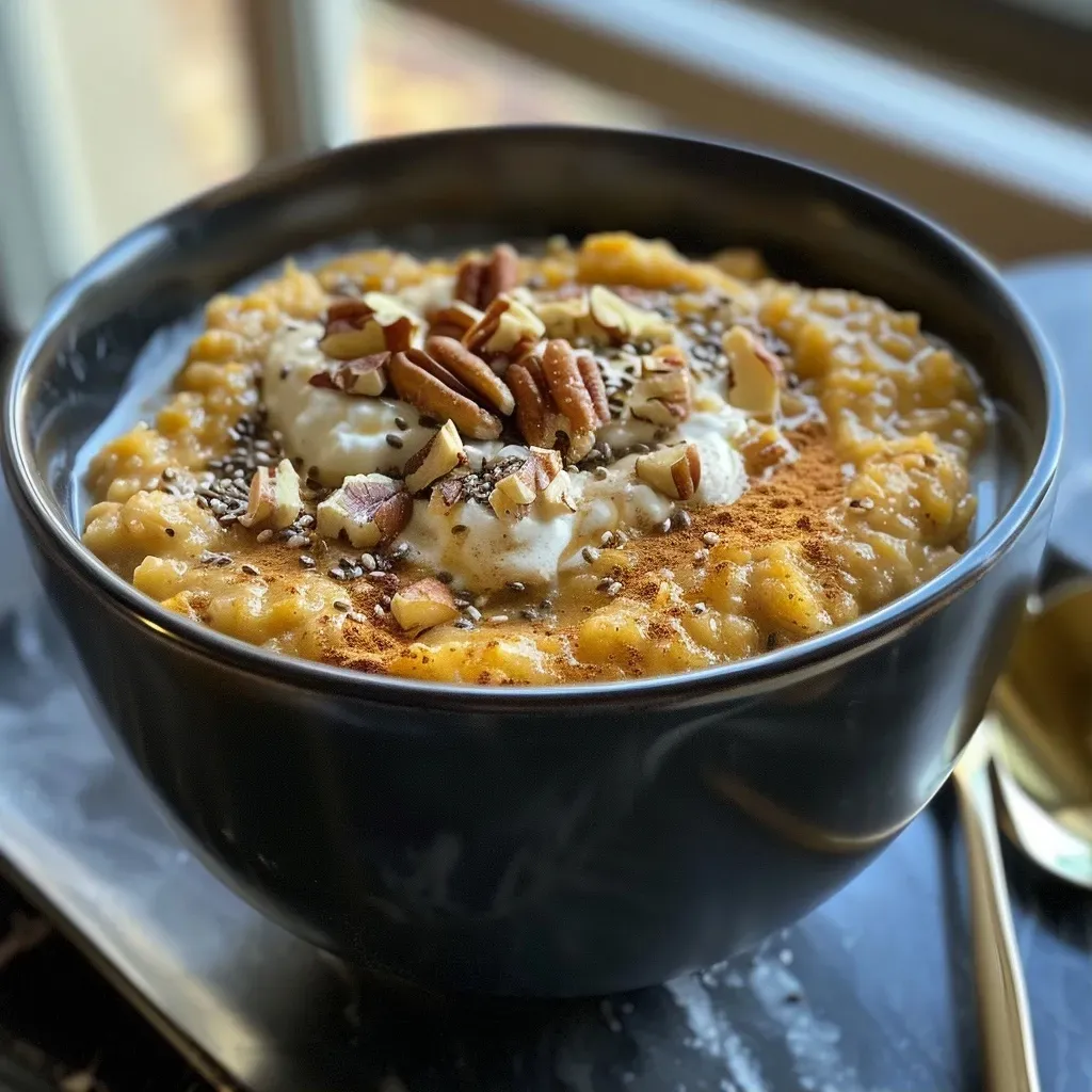 Avena de calabaza proteica en un tazón con toppings.