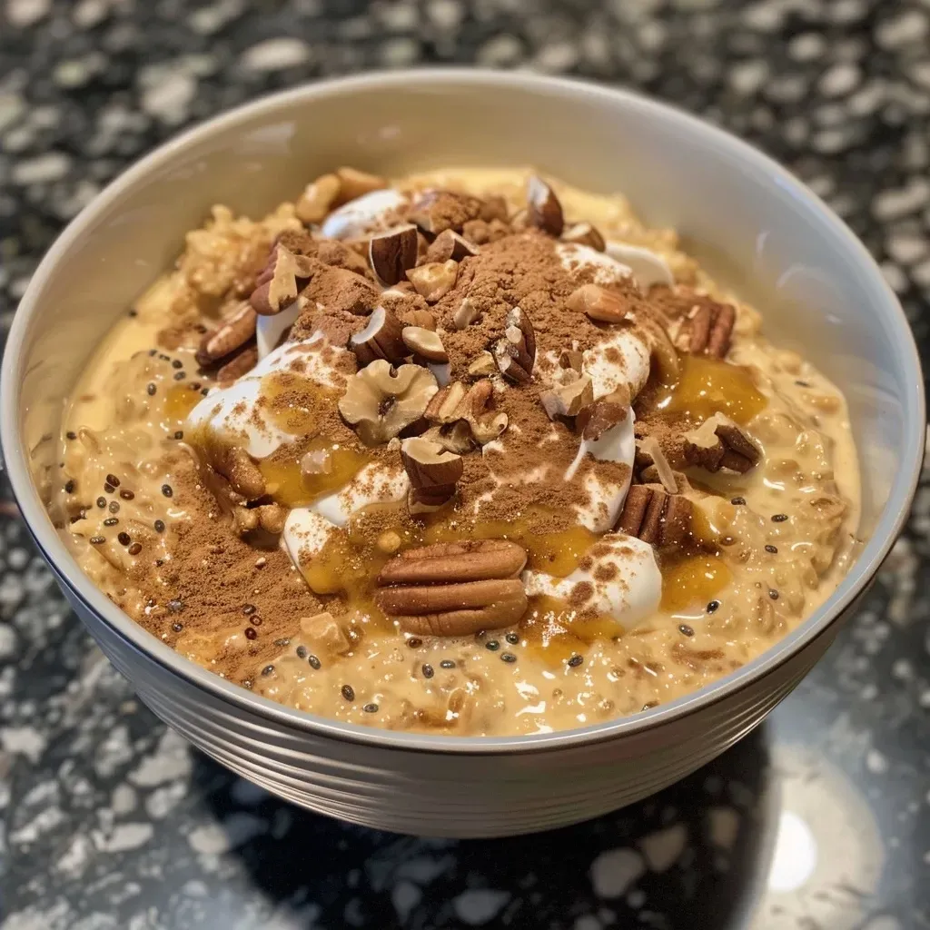 Primer plano de avena de calabaza con nueces y crema.