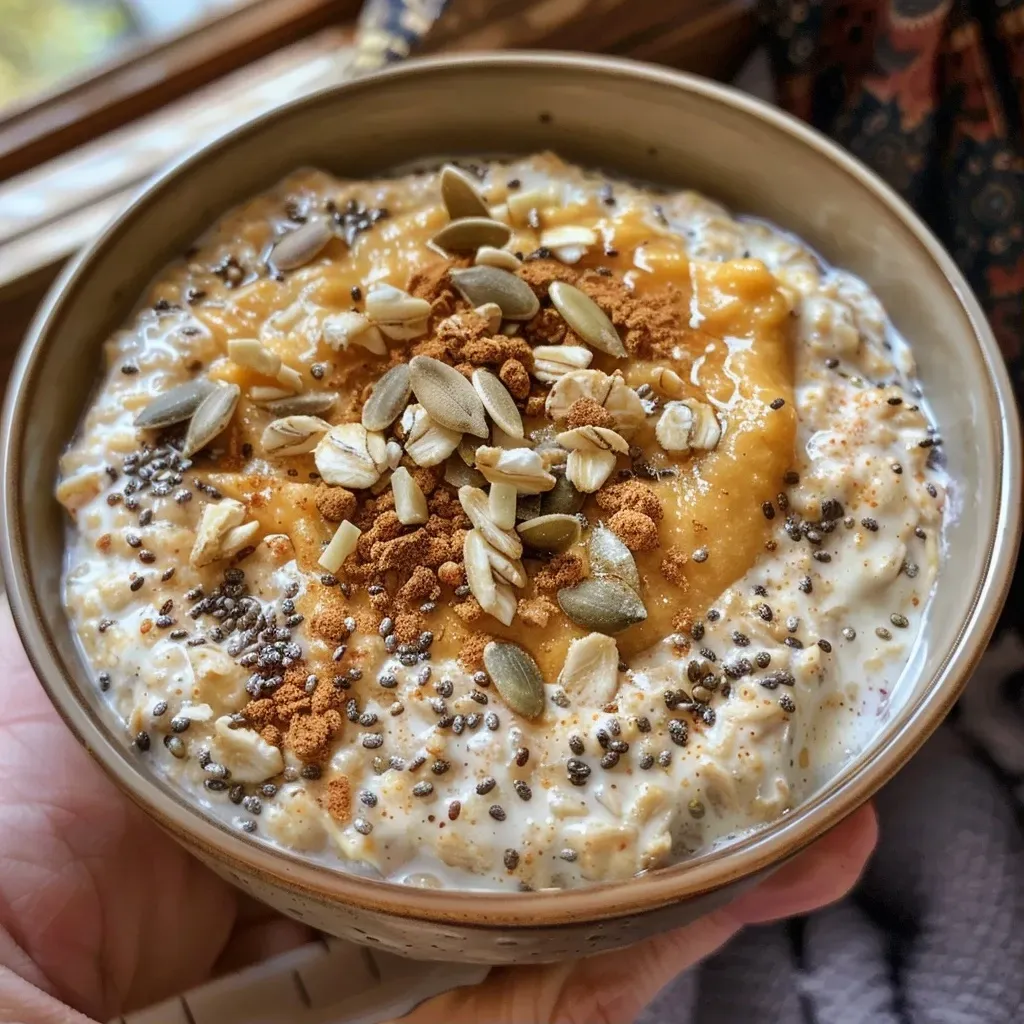 Tazón de avena de calabaza con ingredientes visibles y textura cremososa.