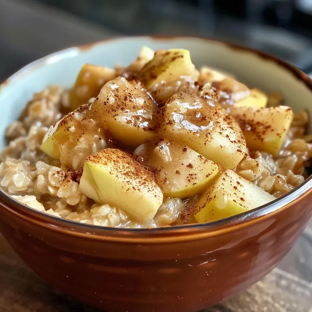 Avena de manzana y canela cocinándose en una olla de cocción lenta.