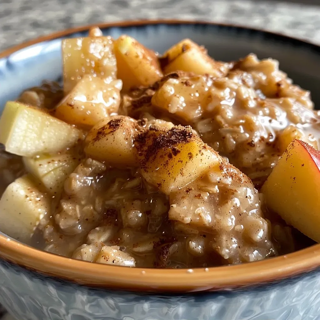 Primer plano de avena de manzana y canela en slow cooker.